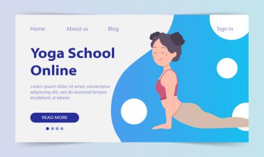 Yoga dersleri çevrimiçi. İniş sayfası. İnternet sitesi yoga okulu. Güzel bir Avrupalı kız bir Asana gösteriyor. İnternet üzerinden yoga eğitimi. Vektör illüstrasyonu.
