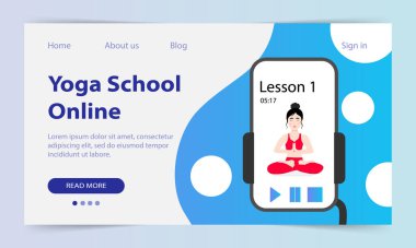 Yoga dersleri çevrimiçi. İniş sayfası. İnternet sitesi yoga okulu. Güzel bir Asyalı kız bir Asana gösteriyor. İnternet üzerinden yoga eğitimi. Vektör illüstrasyonu.