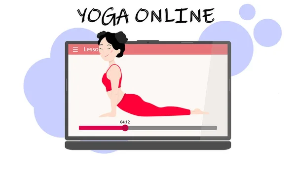 Yoga lessen online. Een mooi Aziatisch meisje op een laptop scherm toont een asana. Yoga training via het internet. Vectorillustratie. — Stockvector