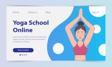 Yoga dersleri çevrimiçi. İniş sayfası. İnternet sitesi yoga okulu. Güzel bir Avrupalı kız bir Asana gösteriyor. İnternet üzerinden yoga eğitimi. Vektör illüstrasyonu.