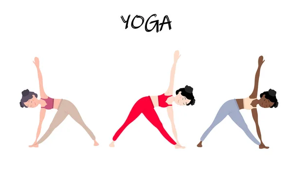 Set de Yoga para Mujeres. Tres niñas, europeas, africanas y asiáticas muestran parivrtta. Formación de Yoga. Ilustración vectorial. — Vector de stock