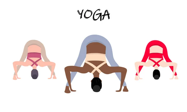 Vrouwen Yoga set. Drie meisjes, Europese, Afrikaanse en Aziatische prasarita show. Yoga training. Vectorillustratie. — Stockvector