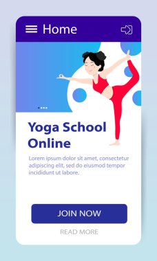 Yoga dersleri çevrimiçi. İniş sayfası. İnternet sitesi yoga okulu. Güzel bir Asyalı kız bir Asana gösteriyor. İnternet üzerinden yoga eğitimi. Vektör illüstrasyonu.