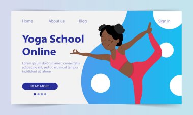 Yoga dersleri çevrimiçi. İniş sayfası. İnternet sitesi yoga okulu. Güzel bir Afrikalı kız bir Asana gösteriyor. İnternet üzerinden yoga eğitimi. Vektör illüstrasyonu.