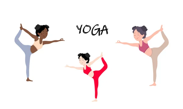 Vrouwen Yoga set. Drie meisjes, Europese, Afrikaanse en Aziatische show natarajasana. Yoga training. Vectorillustratie. — Stockvector