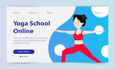 Yoga dersleri çevrimiçi. İniş sayfası. İnternet sitesi yoga okulu. Güzel bir Asyalı kız bir Asana gösteriyor. İnternet üzerinden yoga eğitimi. Vektör illüstrasyonu.