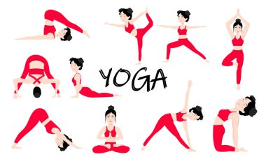Yoga seti. Tatlı Asyalı kız kırmızı eşofmanlı çeşitli asanalar gösteriyor. Yoga eğitimi. Vektör illüstrasyonu.
