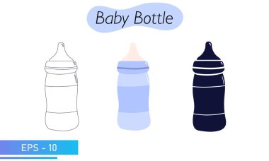 Emzik ile bebek besleme şişesi. Renkli, hatlı ve katı dolgulu. Yeni doğmuş bir bebeği karışım ya da sütle beslemek. Çocuk bakımı malzemeleri. Simgeler. Vektör illüstrasyonu.