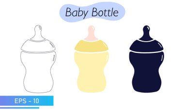 Emzik ile bebek besleme şişesi. Renkli, hatlı ve katı dolgulu. Yeni doğmuş bir bebeği karışım ya da sütle beslemek. Çocuk bakımı malzemeleri. Simgeler. Vektör illüstrasyonu.