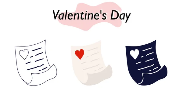 A love note on a piece of paper. A declaration of love. In color, solid and linear versions. A symbol of love and a Valentine Day holiday. Vector illustration. — 图库矢量图片