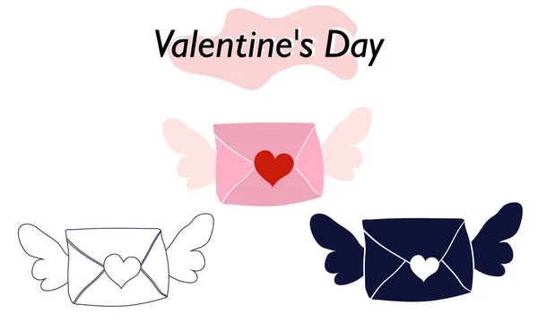 A love note with angel wings. A declaration of love. In color, solid and linear versions. A symbol of love and a Valentine Day holiday. Vector illustration. — Stock vektor