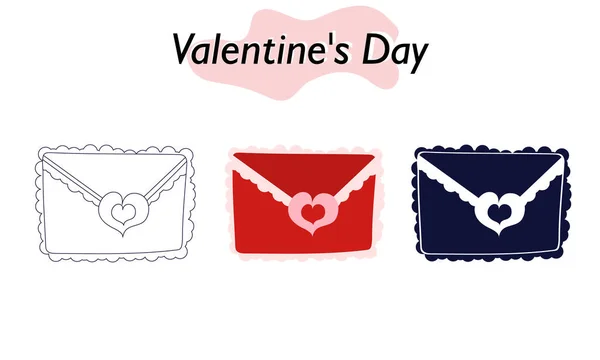 Envelope with fringe and hearts for Valentine Day. In color, solid and linear versions. A symbol of love and a Valentine Day holiday. Vector illustration. — ストックベクタ