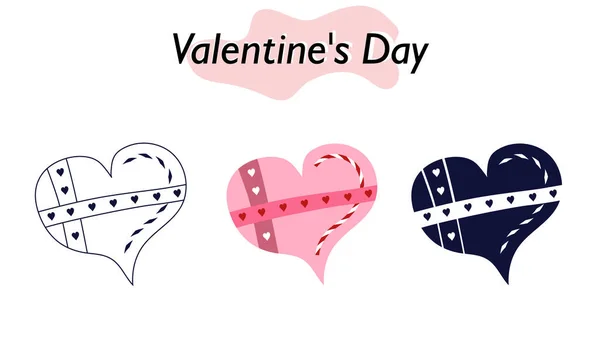 Biglietto di San Valentino a forma di cuore rosa. A colori, versione solida e lineare. Simbolo d'amore e festa di San Valentino. Illustrazione vettoriale. — Vettoriale Stock