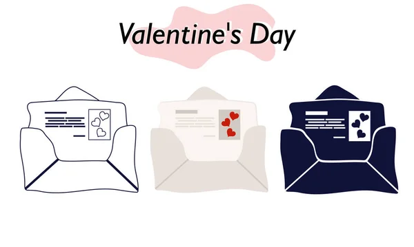 Un sobre abierto con una nota de amor. Una declaración de amor. En color, versiones sólidas y lineales. Un símbolo de amor y un día festivo de San Valentín. Ilustración vectorial. — Archivo Imágenes Vectoriales