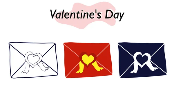 Een envelop met hartjes en lintjes voor Valentijnsdag. Een liefdesbriefje. In kleur, solide en lineaire versies. Een symbool van liefde en een Valentijnsdag vakantie. Vectorillustratie. — Stockvector