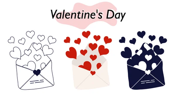 バレンタインデーのために心が飛んでいる封筒 色では 固体と線形バージョン 愛とバレンタインデーの休日のシンボル ベクターイラスト — ストックベクタ