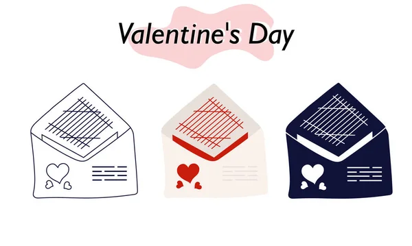 Een envelop met een liefdesbrief voor Valentijnsdag. In kleur, solide en lineaire versies. Een symbool van liefde en een Valentijnsdag vakantie. Vectorillustratie. — Stockvector