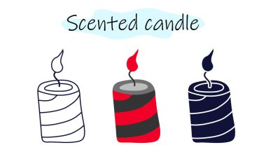 Standart kokulu mum, spiral desenli ve yanan bir alev. Beyaz arkaplan üzerinde renk, doğrusal ve katı tasarım olarak vektör illüstrasyonu.