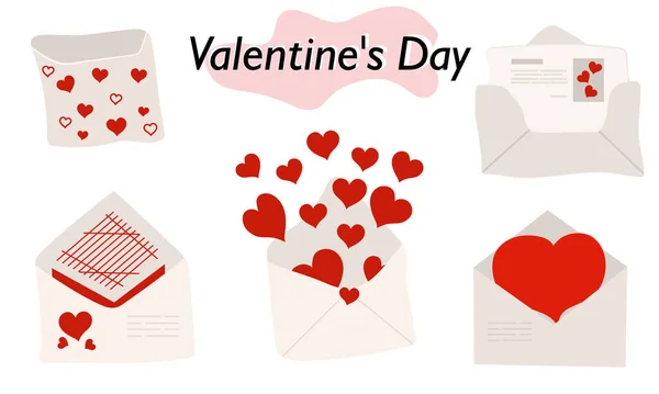 Um conjunto de itens para o Dia dos Namorados. Envelopes, namorados, cartas. Na versão a cores. Um símbolo de amor e um feriado do Dia dos Namorados. Ilustração vetorial. —  Vetores de Stock