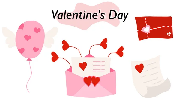 Een set items voor Valentijnsdag. Enveloppen, Valentijnsdag, brieven. In kleuruitvoering. Een symbool van liefde en een Valentijnsdag vakantie. Vectorillustratie. — Stockvector