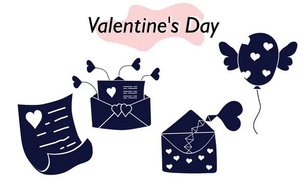 발렌티누스의 날을 위한 물품 세트. Envelopes, valentines, letters. 이 콘. 견고 한 형태로, 한 가지 색으로. 사랑의 상징 이 자 발렌티누스 기념일의 상징이지. 벡터 일러스트. — 스톡 벡터