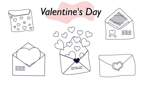 발렌티누스의 날을 위한 물품 세트. Envelopes, valentines, letters. 선형 디자인입니다. 사랑의 상징 이 자 발렌티누스 기념일의 상징이지. 벡터 일러스트. — 스톡 벡터