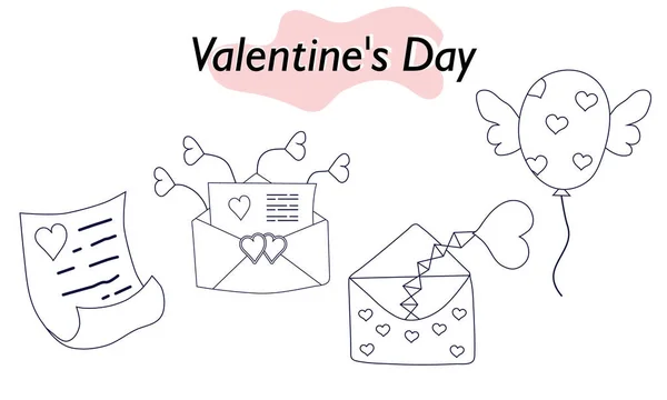 Um conjunto de itens para o Dia dos Namorados. Envelopes, namorados, cartas. Em design linear. Um símbolo de amor e um feriado do Dia dos Namorados. Ilustração vetorial. —  Vetores de Stock