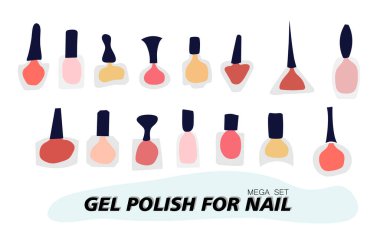 Jöle ojeli kavanozlar. Şeffaf kavanoz, renkli vernik camdan görülebiliyor. Güzellik ve moda salonu için eşyalar ve malzemeler. Vektör illüstrasyonu.