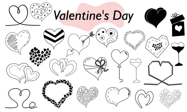 Um conjunto de corações em um design linear. Um símbolo de amor e um feriado do Dia dos Namorados. Ilustração vetorial. —  Vetores de Stock