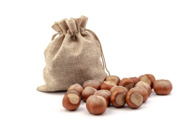 Beyaz arka plan üzerinde izole Sivas'tan çantasından taze fındık. 