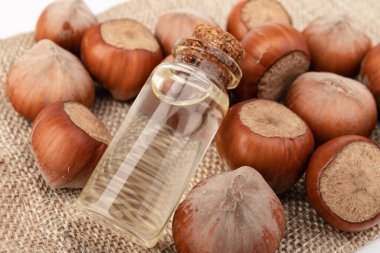 Yemek ve kozmetoloji için organik sebze yağları kavramı. Malzemeleri göstermek için fındık fıstığı. Cam şişedeki doğal yağ..