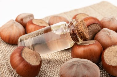 Yemek ve kozmetoloji için organik sebze yağları kavramı. Malzemeleri göstermek için fındık fıstığı. Cam şişedeki doğal yağ..