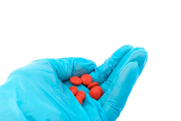 Γάντια Χέρια Κόκκινα Χάπια Χέρι Του Γιατρού Εργαζόμενος Ιατρικά Γάντια — Φωτογραφία Αρχείου
