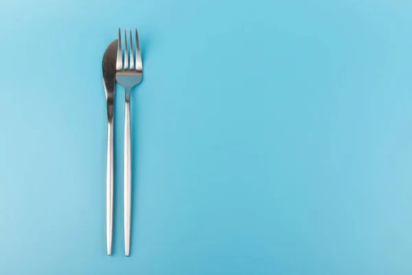 Fork Knife Blue Background Flat Lay Dishes Breakfast Lunch Dinner — Stock Photo, Image