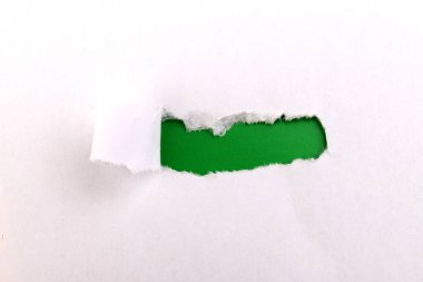 Yeşil arkaplanı olan metin için alanı olan yırtık kağıt. Yırtılmış kağıt. Metin ya da elementlerin yerleştirilmesi kavramı, kopyalama alanı, modelleme. 