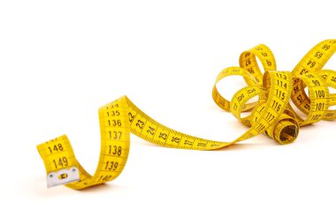 Teyp ölçümü, beyaz arka planda izole edilmiş. Santimetre. Metin için boşluk.