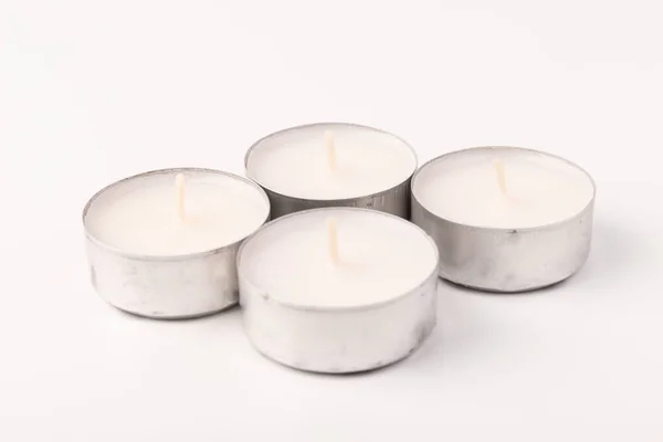 Velas Cera Branca Fundo Branco Luz Chá — Fotografia de Stock