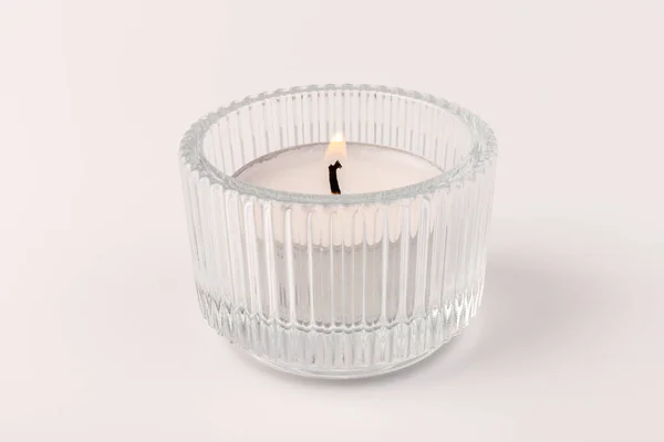 Small Burning Wax Candles Glass Candlestick Isolated White Beautiful Decor — Stock Photo, Image