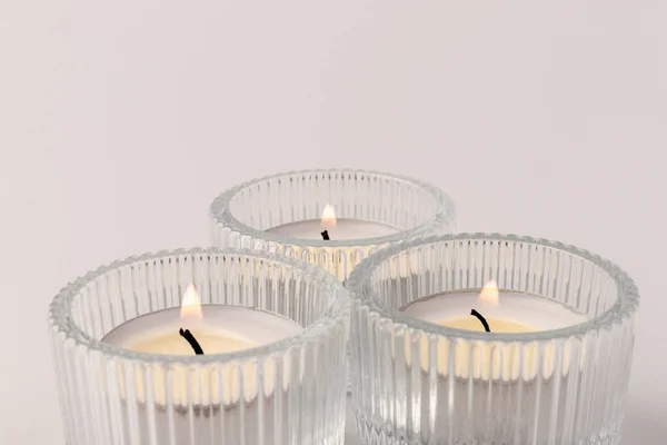 Small Burning Wax Candles Glass Candlestick Isolated White Beautiful Decor — Stock Photo, Image