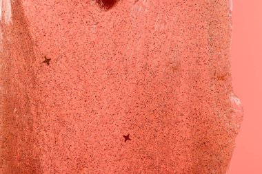 Sıvı sanat jeli arka planı. Soyut desenli mercan arka planı. İçinde kabarcıklar ve pullar olan şeffaf balçık. Çocuk oyuncağı sümüğü..