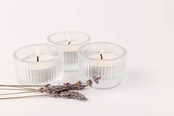 Burning Candles Dried Lavender Light Background Home Aromatherapy — Fotografia de Stock