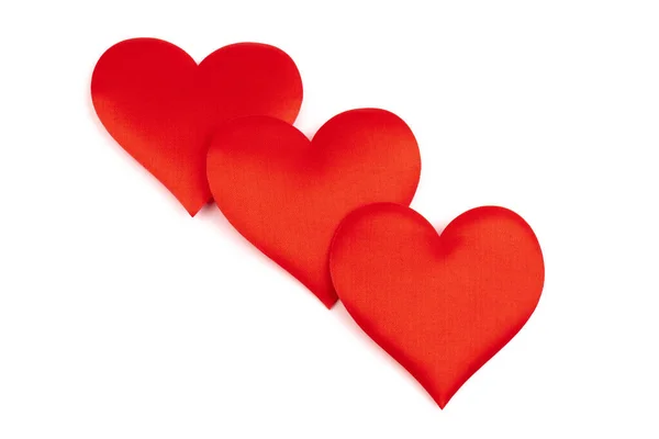 Rode Zijden Valentijn Hartjes Een Symbool Van Liefde Met Hand — Stockfoto