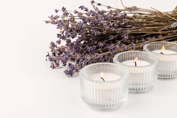 Burning Candles Dried Lavender Light Background Home Aromatherapy — Fotografia de Stock