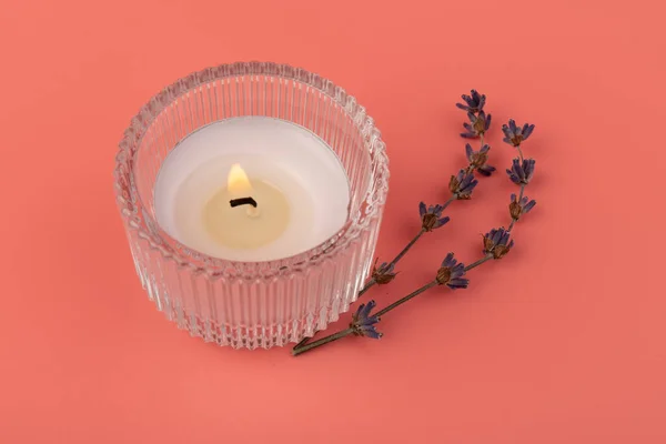 Burning Candles Dried Lavender Lpink Background Home Aromatherapy — Fotografia de Stock