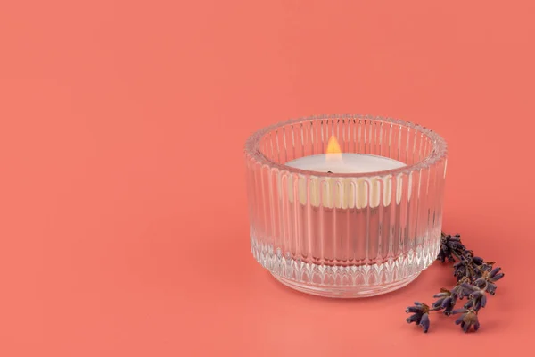 촛불을 태우고 분홍색 배경에 라벤더를 말린다 — 스톡 사진