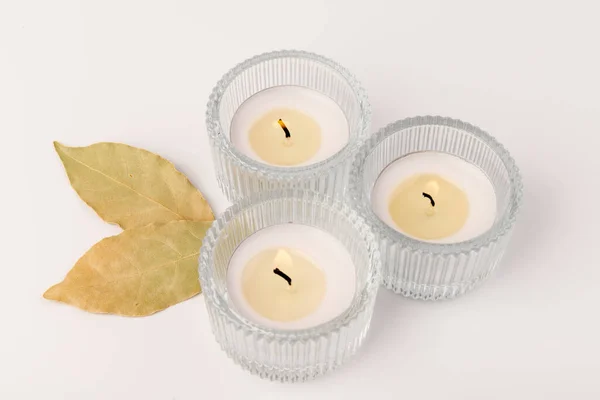 Scented Candles Dry Leaf White Background Space Text — Stock Photo, Image