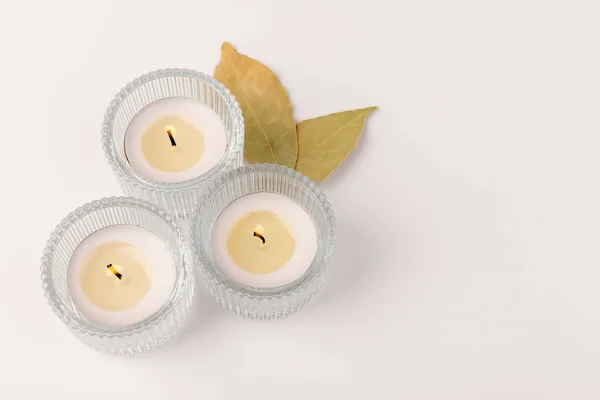 Scented Candles Dry Leaf White Background Space Text — Fotografia de Stock