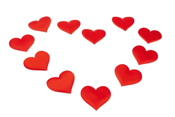 Rode Zijden Valentijn Hartjes Een Symbool Van Liefde Met Hand — Stockfoto