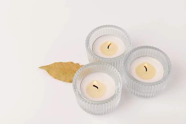 Scented Candles Dry Leaf White Background Space Text — Stock Photo, Image