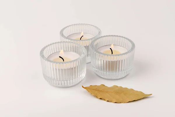Scented Candles Dry Leaf White Background Space Text — Fotografia de Stock